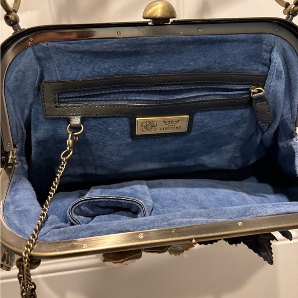 NEW Sharif Couture All Leather Laser Cut 3D Floral Gray Satchel Bag - Picture 7 of 9